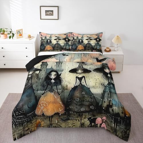 Gothic Witch Comforter Set Black & Grey Full Size Bedding with Spooky Design - Enchantress Halloween Decor