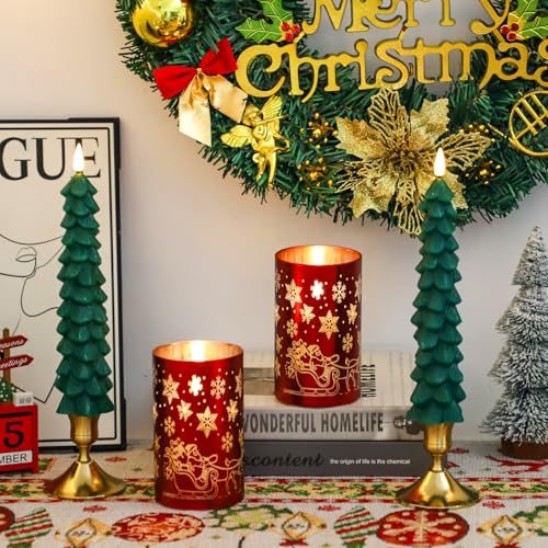 Flameless Christmas Candles Set with Remote - Red & Green LED Tree & Glass Decor