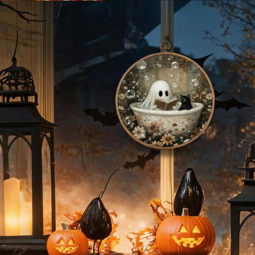 Halloween Bathroom Ghost Cat Wall Art - Round 10x10 Inches, Ghost Cat Halloween Decor - Variation 2