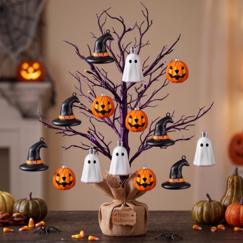 Halloween Hanging Ornaments Set - Silver Ghost, Gold Pumpkin & Witch Hat - 30 Mini Plastic Decorations