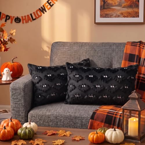 Halloween Pillow Covers 12x20 Inch Black Bat Decor Set of 2 - Variation Black1 / 20" x 12"