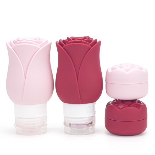 Travel Containers Bottle for Toiletry 4 Pack 3oz Leakproof TSA Approved & Refillable Mini Cream Jars, Silicone Squeeze Tube Rose Bottles for Shampoo Lotion Body Wash BPA Free +Bag, Red Pink Rose