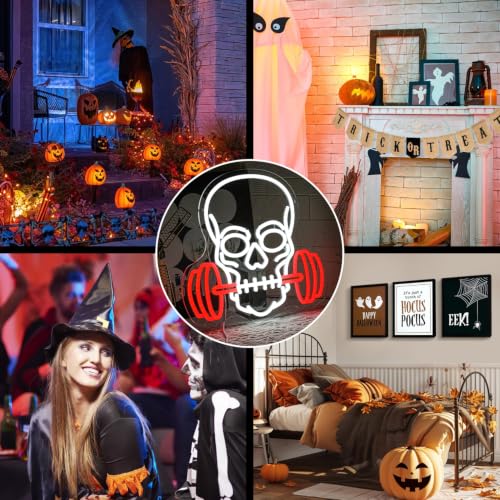 Dumbbell Skull Neon Sign for Gym & Halloween Wall Decor - Red & White