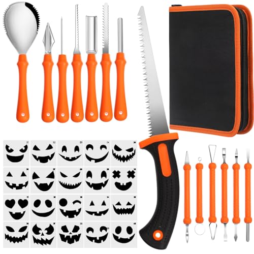 Halloween Pumpkin Carving Kit with 13 Heavy Duty Stainless Steel Tools & 20 Templates