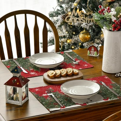 Red Snowman Trees Christmas Placemats Set of 4 - 12x18 Inch Seasonal Table Decor with Variation 12" x 18" Rectangular 2 Pcs