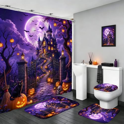 Purple Halloween Bathroom Set with Non-Slip Rug, Shower Curtain & Toilet Lid Cover