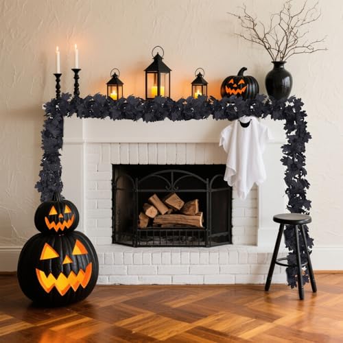 Black Maple Leaf Halloween Garland Set of 2 - Outdoor Fall Decor, Eerie Elegance