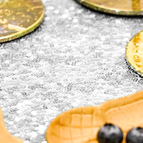 Silver Sequin Round Tablecloth - 132 Inch Glitter Cover for Weddings & Events