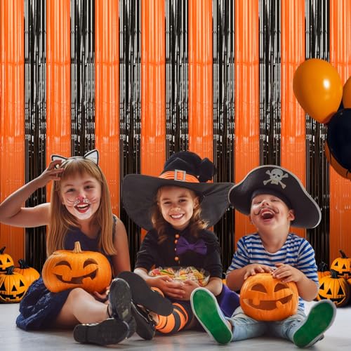 Black and Orange Party Streamers 3 Pack - Foil Fringe Curtains for Halloween & Holiday Decorations