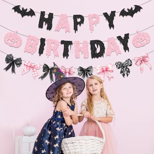 Pink Halloween Decorations Banner with Glitter Bow - Spooky Birthday Party Decor for Girl - Bow Boo Variation