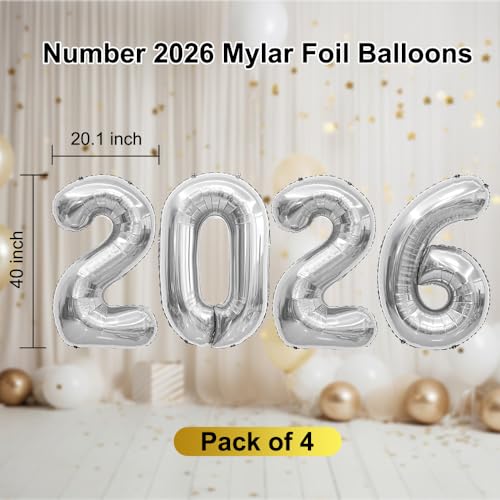 40 Inch Silver 2026 Number Balloons for New Year & Graduation Decorations – Reusable Foil Globos
