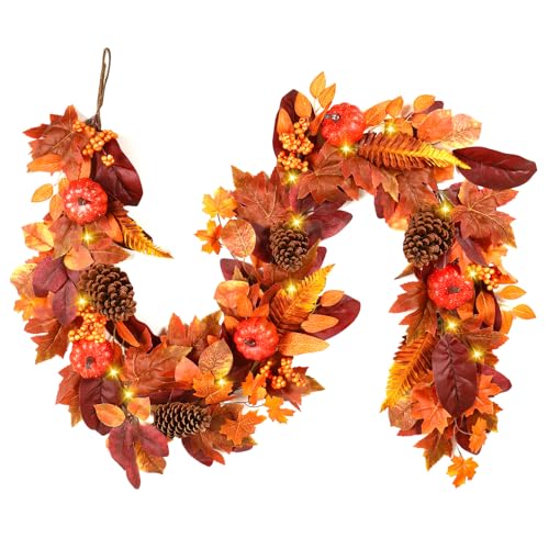 Orange Fall Garland with Lights and Timer - 6ft Autumn Decor with Pumpkins & Leaves