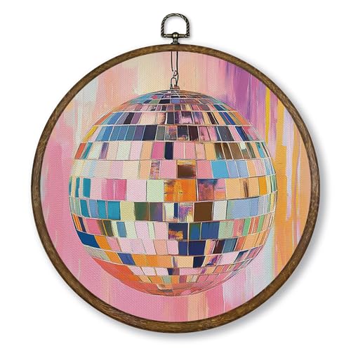 Disco Ball Wall Art Decor - Pink Funky Round Canvas for Bedroom & Kids Room