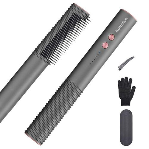 Hair Straightener Brush, Hair Straightener Comb with 5 Temp Settings, Dual Voltage, Anti-Scald, 20s Fast Heating, Ceramic Hot Comb Straightener Straightening Brush for Women, Grey