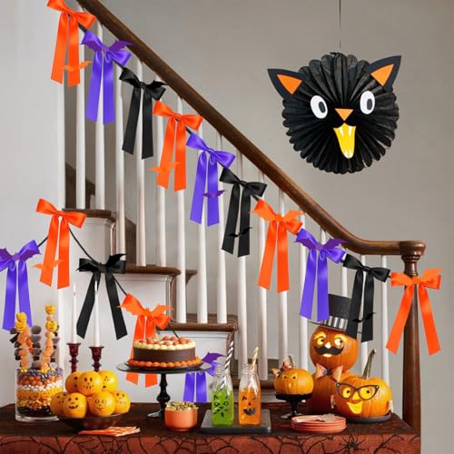 Halloween Bow Garland with Bats - Black, Orange, Purple 6Ft Party Decor