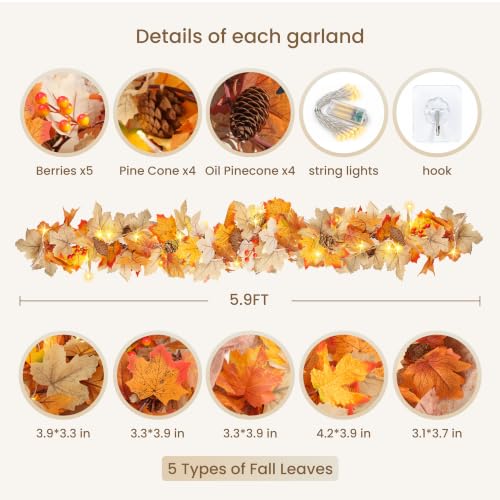 5 Pack Fall Leaf Garland with Lights - 29.5Ft Artificial Autumn Decorations for Thanksgiving Halloween