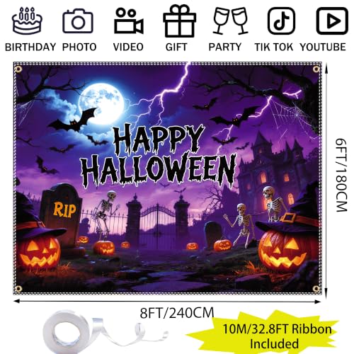 Halloween Backdrop 8x6FT with Ribbon & Spider Web Kit - Large Spooky Wall Decor