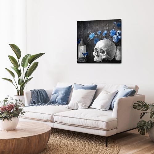 Skull Wall Art Canvas - Skeleton with Blue Rose Rustic Home Decor