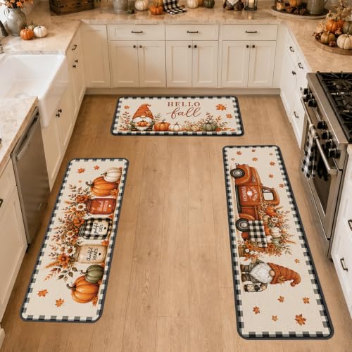 Fall Kitchen Rugs Set of 3 with Gnome Truck and Buffalo Plaid - Farmhouse Decor