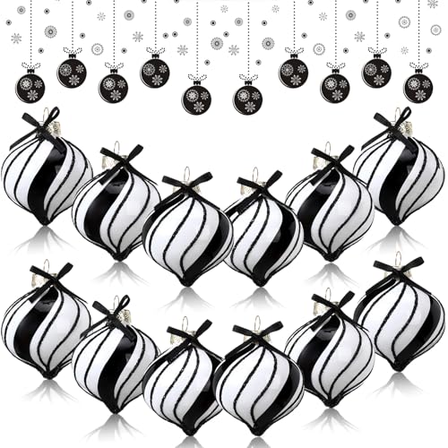 Hoolerry 12-Pack Black & White Peppermint Glass Christmas Ornaments - Candy Theme