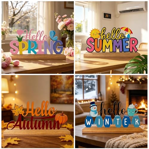Interchangeable Seasonal Home Decor Metal Table Sign Set with Wooden Base