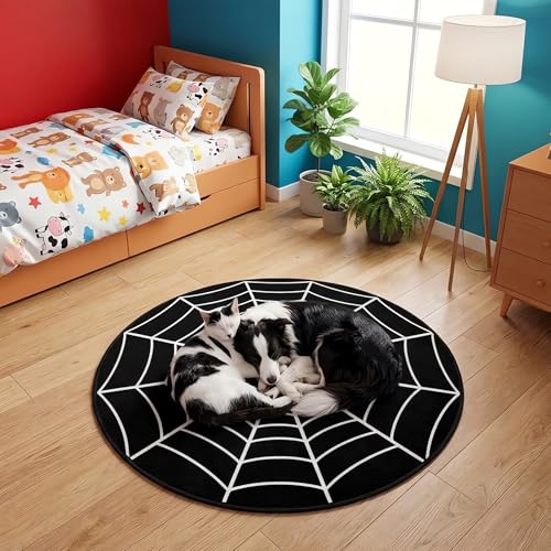 Round Black Spider Web Area Rug 3Ft - Washable Non-Slip Floor Mat for Bedroom & Living Room - Web Design Variation