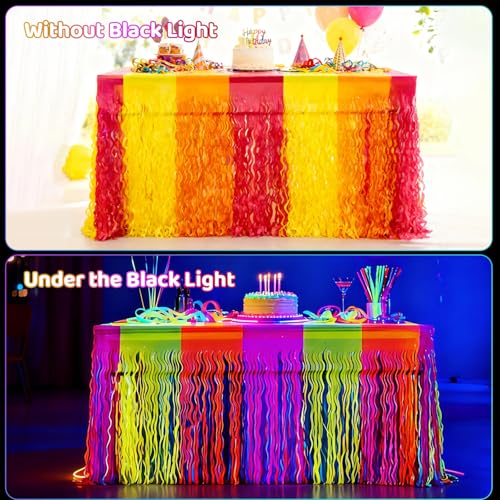 Neon Fluorescent Metallic Tinsel Foil Fringe Table Skirts - 2 Pack, Glow in Dark Party Decor