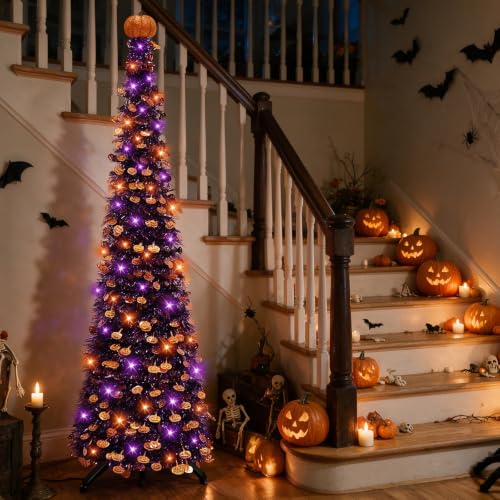 Halloween Black Tinsel Tree with Orange & Purple String Lights - 5 Ft Decor
