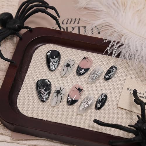Halloween Press On Nails Short Almond Spider Web Fake Nails Set - Pattern 06