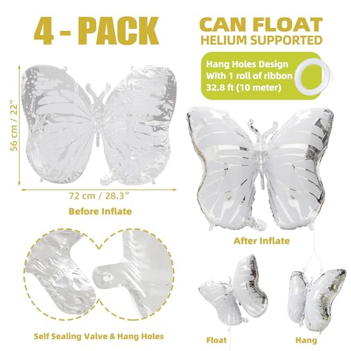 Silver Butterfly Balloons - 4 Pack Helium Foil Decorations for Wedding Birthday Baby Shower