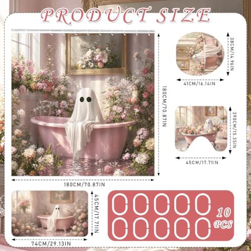 Pink Ghost Halloween Bathroom Shower Curtain and Rug Set - 4PCS Spooky Decor