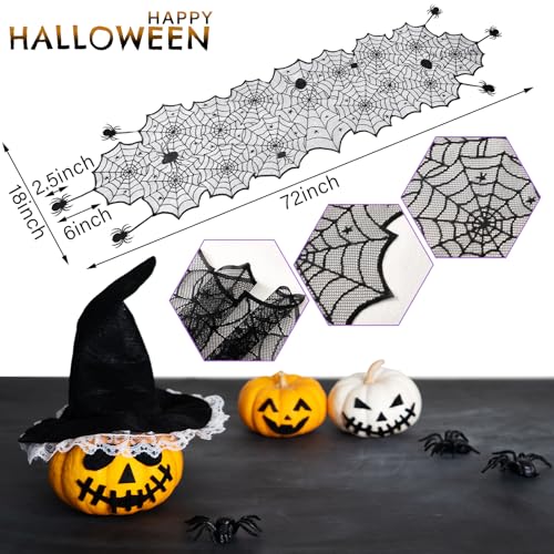Halloween Table Runner Black Lace Spider Web Decor, 18 x 72 Inches - Spooky Party Tablecloth with Spiders - Windkream