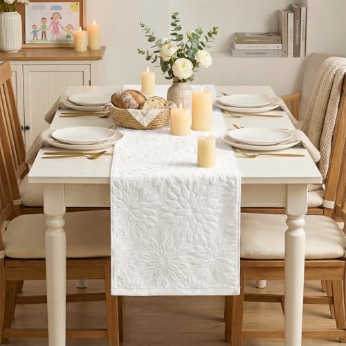 White Cotton 3D Jacquard Dahlia Floral Table Runner 13x72 Inch - Home Decor