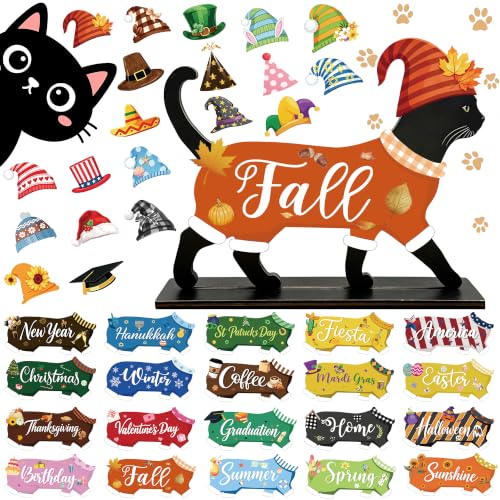 Black Cat Interchangeable Seasonal Desk Decor Sign with Magnet Pieces - Pet Lover Gift