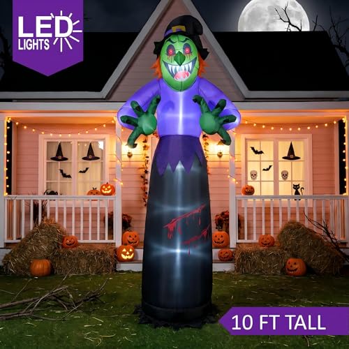 10FT Inflatable Halloween Witch Decor with LED Lights, Outdoor Yard Decoration