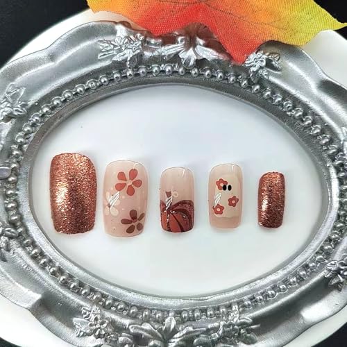 Halloween Press On Nails Short Square Fake Nails with Ghost Pumpkin Glitter Design - 24 Pack, Variation 26