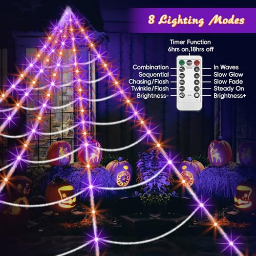 Halloween Spider Web Lights with 250 LEDs, 8 Modes Waterproof Outdoor Decoration