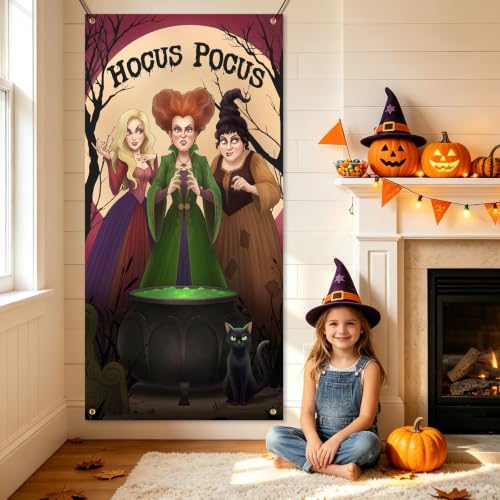Halloween Door Cover Hocus Pocus Decorations Witch Sisters Black Cat Banner