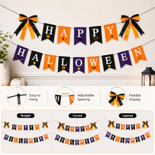 Halloween Banner Set with Double-Layer Satin Bows and Cardstock Pennants