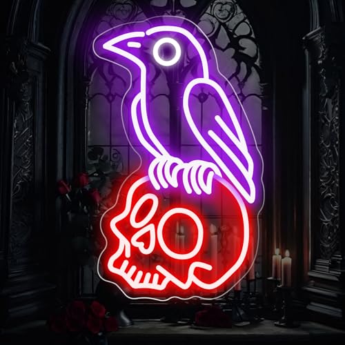 Gothic Raven on Skull Neon Sign - Purple & Red Skeleton LED Wall Light - Variation of Raven Skull-Purple Red