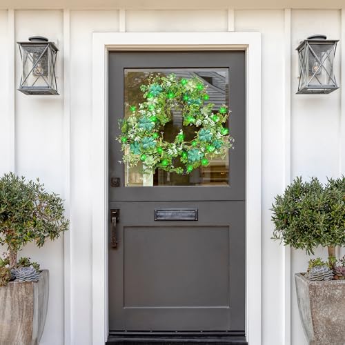 Green 15-Inch Shamrocks Wreath for St. Patrick's Day Front Door Decor - Artificial Clover Garland