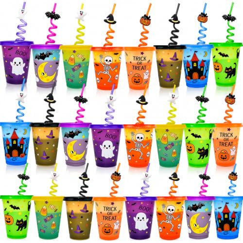 24 Pack Color Changing Halloween Cups with Lids & Straws - Kids & Adults, 16 oz