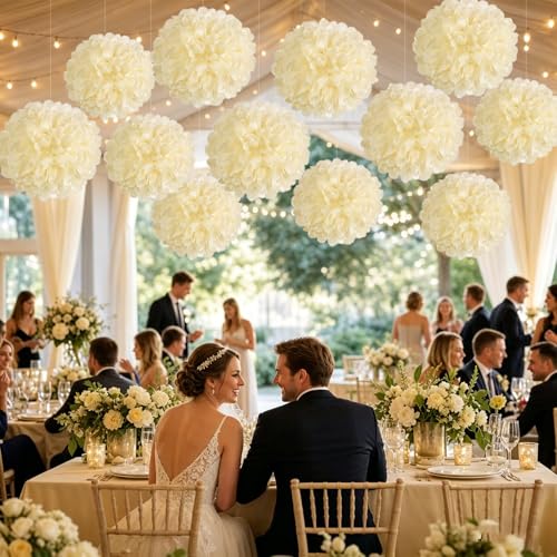 12 Pcs Cream Tissue Paper Pom Poms for Wedding Party Decorations