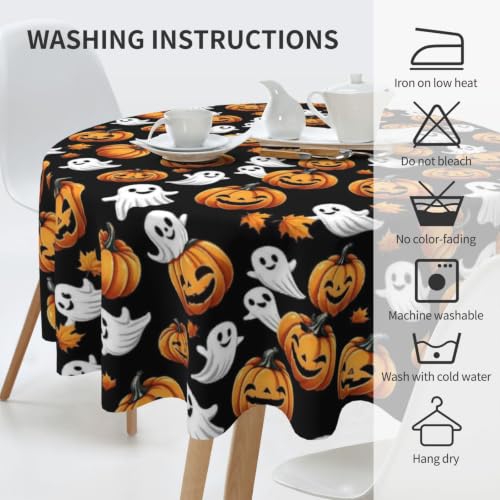 Halloween Round Waterproof Tablecloth 70 Inch - Rustic Pumpkin & Ghost Design