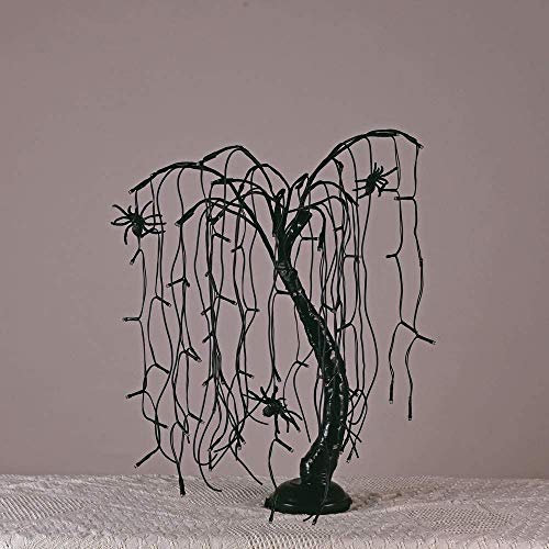 Halloween 24-Inch Lighted Willow Tree Bonsai with Orange & Purple LED Lights, Spiders - Tabletop Decor