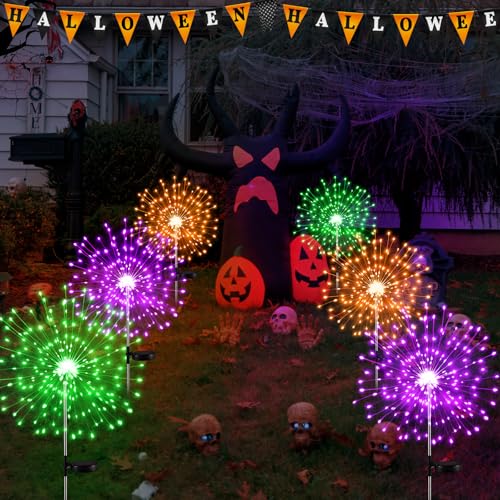 Halloween Solar Firework Lights 3 Pcs - Purple, Orange, Green LED Pathway Decor
