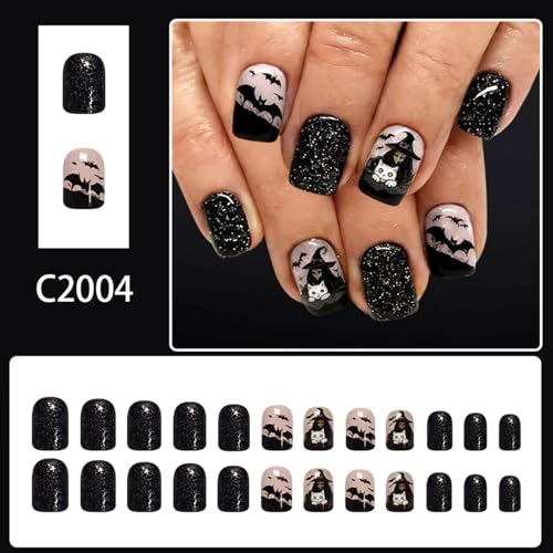 Halloween Press On Nails Short Square Black Ghost Bat Design with Glitter - Variation 26