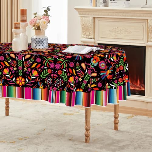 Halloween Cinco De Los Muertos Tablecloth 60x84 Inch Oval Black Stripes Seasonal Table Cover