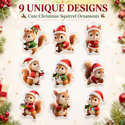 Squirrel Christmas Hanging Ornaments 9pcs Cartoon Acrylic Holiday Decorations - Variation Squirrel-A-1227
