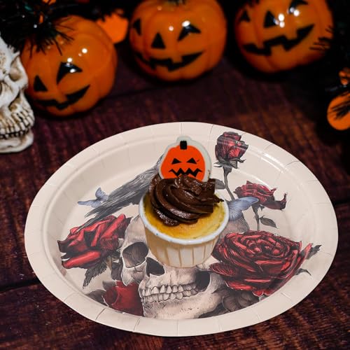 Halloween Vintage Paper Plates with Skull Rose Crow Design - 9 Inch Disposable Party Tableware, Pack of 50
